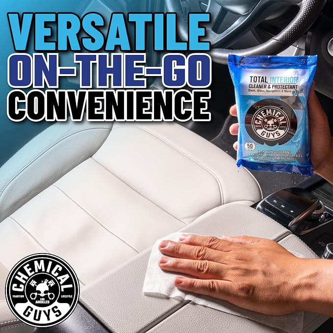 Chemical Guys, Total Interior Cleaner & Protectant Wipes, Multi-Use, 50 Ct | Multi-surface wipes clean dashboards, doors, seats and trim on the go, fifty per pack for quick interior touch-ups