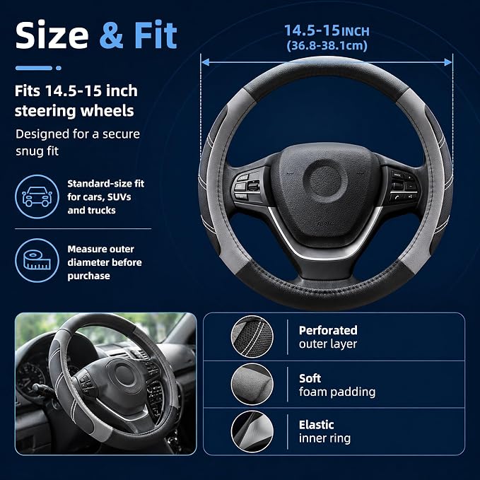 Elantrip Steering Wheel Cover for 14.5" to 15" Wheels, Soft Padded Grip with Anti-Slip Inner Lining, Breathable Comfort for Daily Driving, Easy Stretch Fit for Cars, SUVs and Trucks, Black/Gray