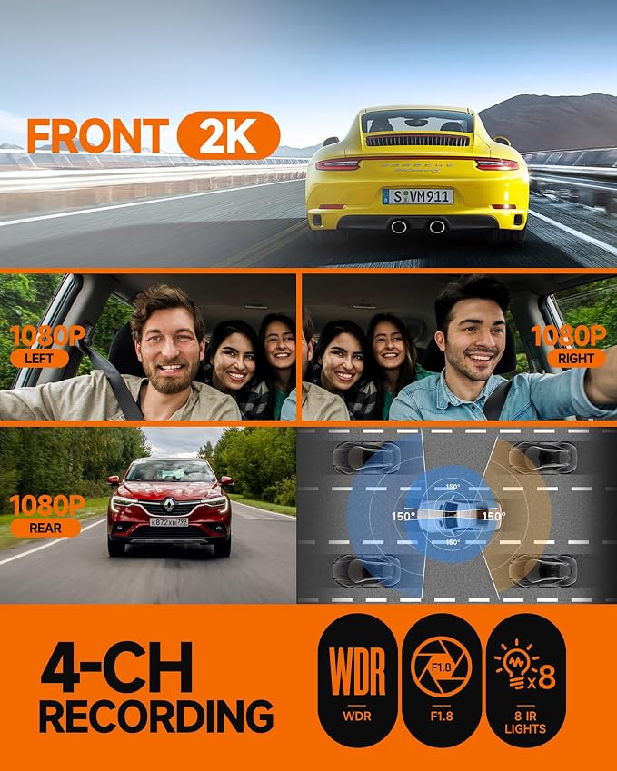 Neideso 360° Dash Cam Front and Rear Inside, 4 Channel Dash Camera for Car | Free 128GB Card, 5GHz WiFi, 4K Dashcam, GPS, Night Vision 3.0, Voice Control, G-Sensor, OTA Upgrade, 24H Parking Mode(N300)