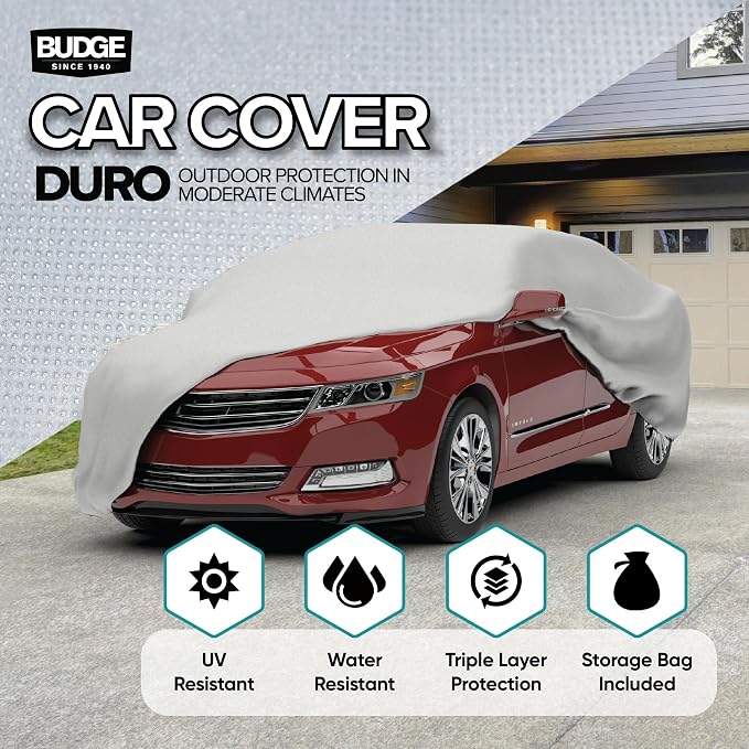 Budge Ultra Duro Car Cover, 3-Layer UV & Water Resistant Outdoor Protection, Fits Cars up to 264”, Gray, Size D-5