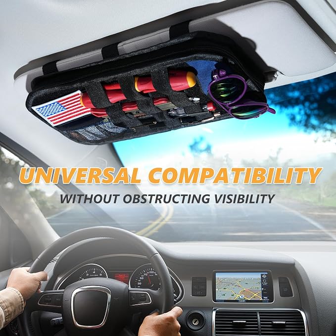 GNEGNI Tactical Car Sun Visor Organizer - Rigid MOLLE Panel Vehicle Storage Pouch with 3 Straps - Car Interior Document and Tool Holder for Truck, SUV, Jeep (13" x 7") (Blue)