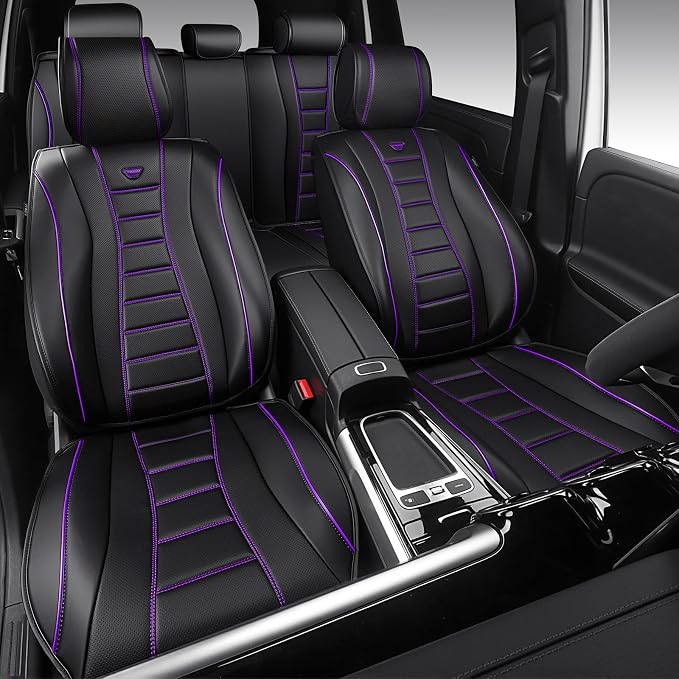 CAR PASS Universal Fit Piping Leather Seat Covers for Cars SUV Truck, Waterproof Nappa Leather Car Seat Covers Full Set, 3D Foam Seat Cover Luxury&Comfort&Durable Airbag Compatible,violet purple black