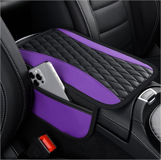 IHOTDER Patchwork Leather Center Console Covers for Cars,Upgraded Arm Rest Cover for Car with Side Storage Pocket for Car Seat Organizer,Middle Console Cover Stylish Car Decoration (Purple)