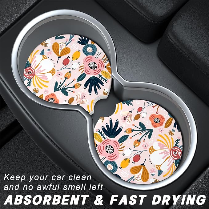 Aiawoxc Car Cup Holder Coasters, 2 Pack Universal Auto Anti Slip Insert Coaster with A Finger Notch, Cup Mat for Most Car Interior, Pink Flower