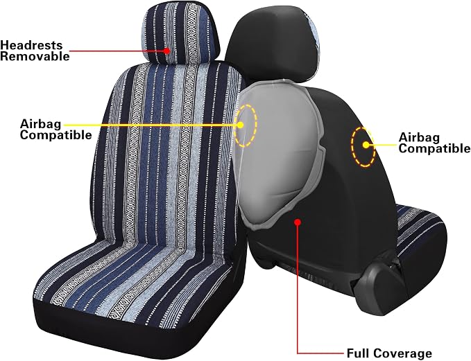 HAIYAOTIMES Baja Saddle Blanket Car Seat Covers Full Set with Seat Belt Pads, Washable Breathable Seat Covers for Cars, Universal Fit Interior Covers for Most Sedan Truck SUV, Airbag Compatible, Blue