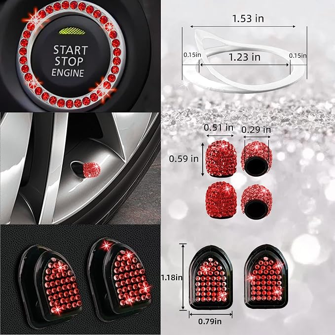 NBTEPEM 30 Pcs Red Bling Car Accessories Set for Women, Red Steering Wheel Cover Set, Bling Console Cover, Seat Belt Cushion, Shift Knob Cushion, Cup Holder Coaster, Rhinestone Car Hanging Accessories