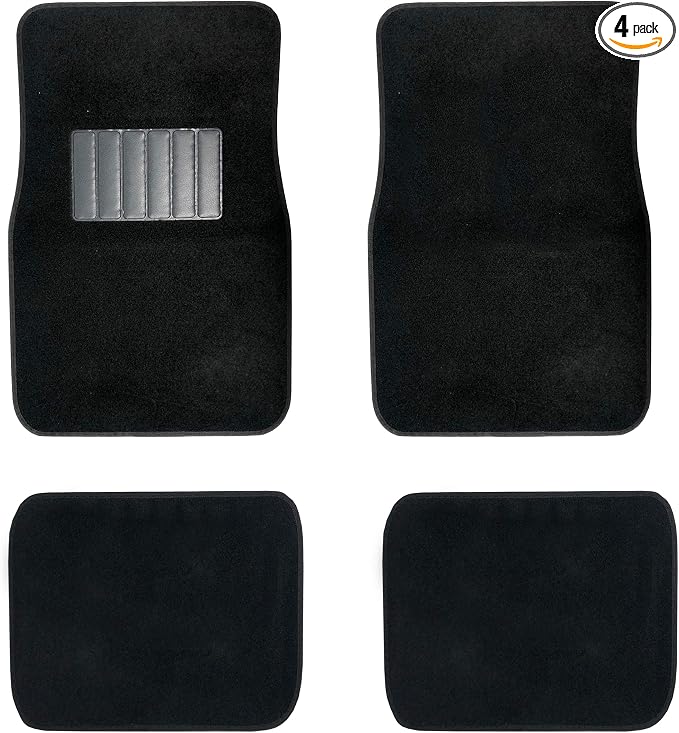C.P.R. New Carpet Car Floor Mats 4 Pc Set for Cars Trucks SUVS with Heel Pad -Front and Rear Mats Universal Classic Matching Heel Pad (Black)