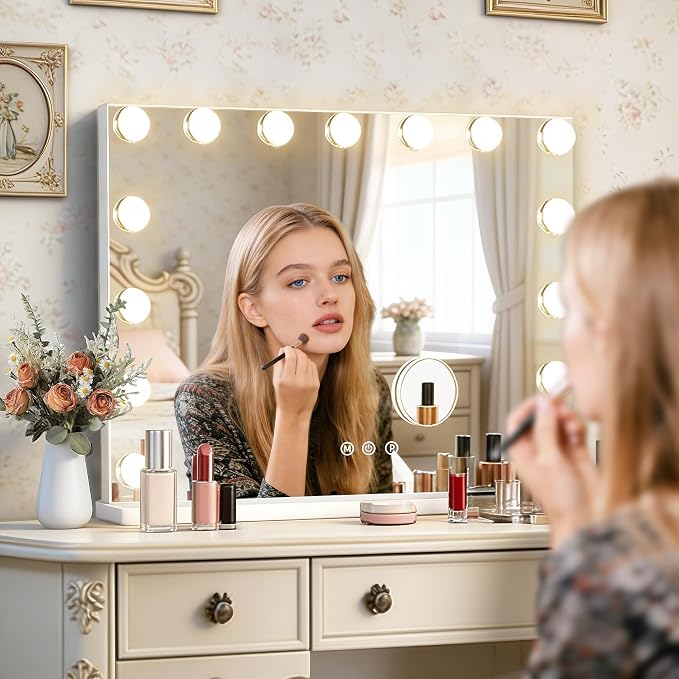 Ratsamee Hollywood Vanity Mirror with Lights, 23" x 18", 15 Dimmable Bulbs, 3 Color Lights, Make Up Lighted Mirror, USB Charging Port, Gifts for Women Wife Teengirls White