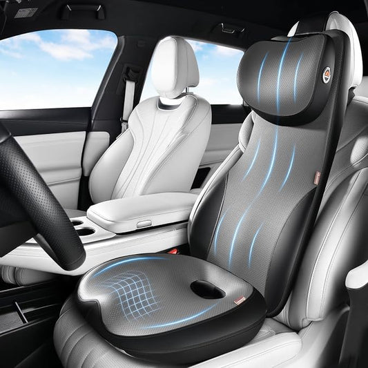 Coverado Car Seat Cushion and One Piece Lumbar Support with Headrest Pillow, Ergonomic Memory Foam Car Back Support, Adjustable Velcro Design Car Neck Pillow, Sciatica Back Neck Pain Relief, Blackgray