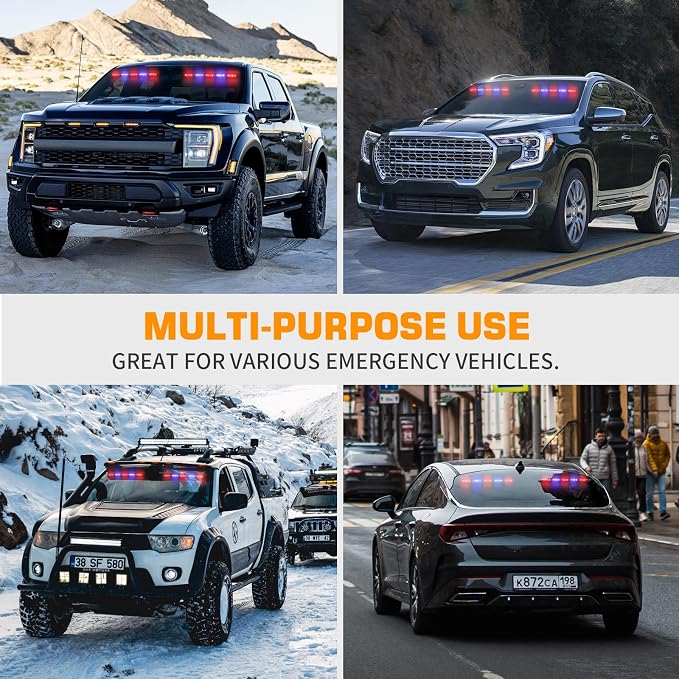 XRIDONSEN 2x 17 inch Dash Strobe Lights 40 LED Windshield Light Bar | Interior Safety Warning Hazard w/ Suction Cups for Vehicles Trucks (Red/Blue)