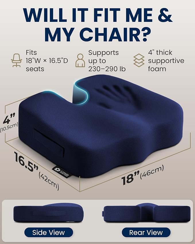 5 STARS UNITED Seat Cushion - Memory Foam Chair Cushion for Tailbone Pain Relief - Ergonomic Support for Coccyx, Sciatica & Butt - Office, Desk & Gaming Chair, Car Seat, Wheelchair, Airplane, Blue
