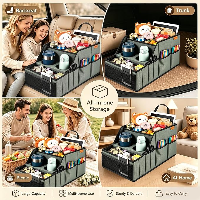 Car Seat Organizer Back Front Captains Seats Storage Travel | Car Organizer, Back Seat Car Organizer, Car Seat Organizer Front Seat – 9 Compartments, 2 Cup Holders – Foldable