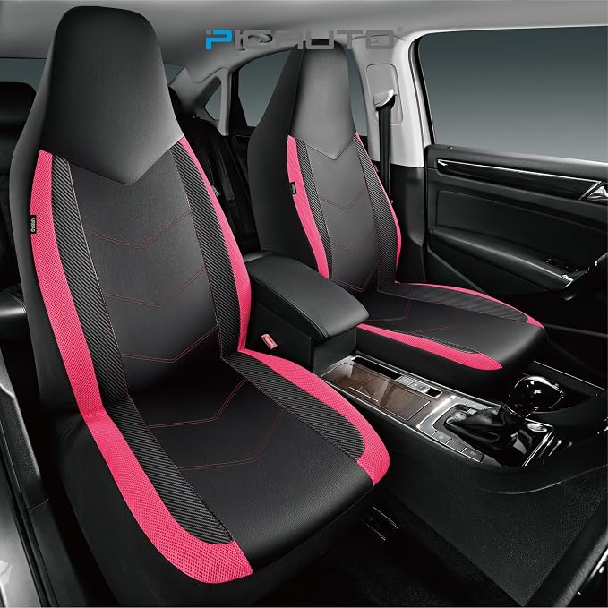 PIC AUTO Leather Car Seat Covers, Sports Carbon Fiber & Mesh Design, High-Back Front & Rear Full Set, Waterproof Automotive Seat Covers, Airbag Compatible, Universal Fit for Most Cars (Black&HotPink)