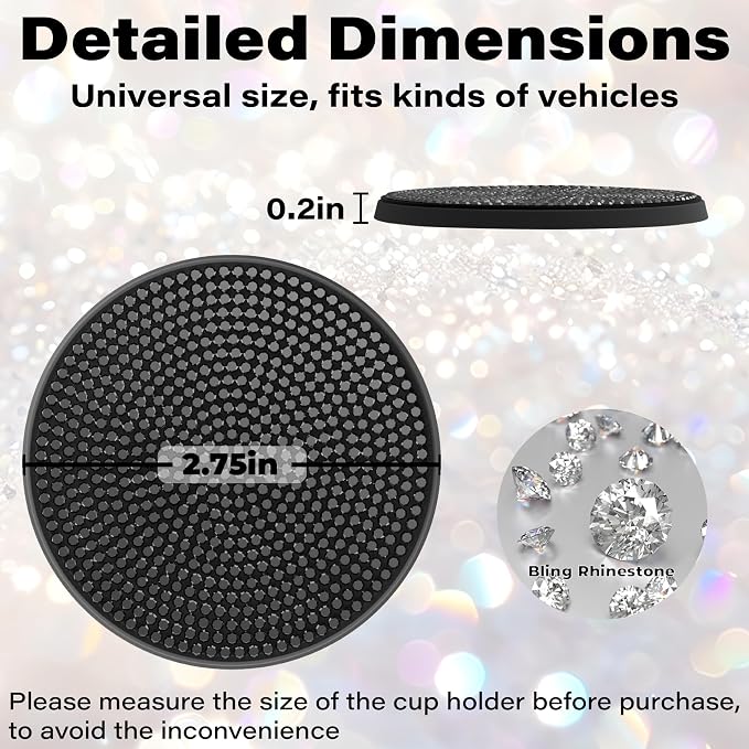 BFXM 2 PCS Bling Cup Holder Coaster, Car Accessories for Women 2.75 inch Diamond Universal Non-Slip Silicone Cup Holder Coasters, Sparkly Bling (Black)