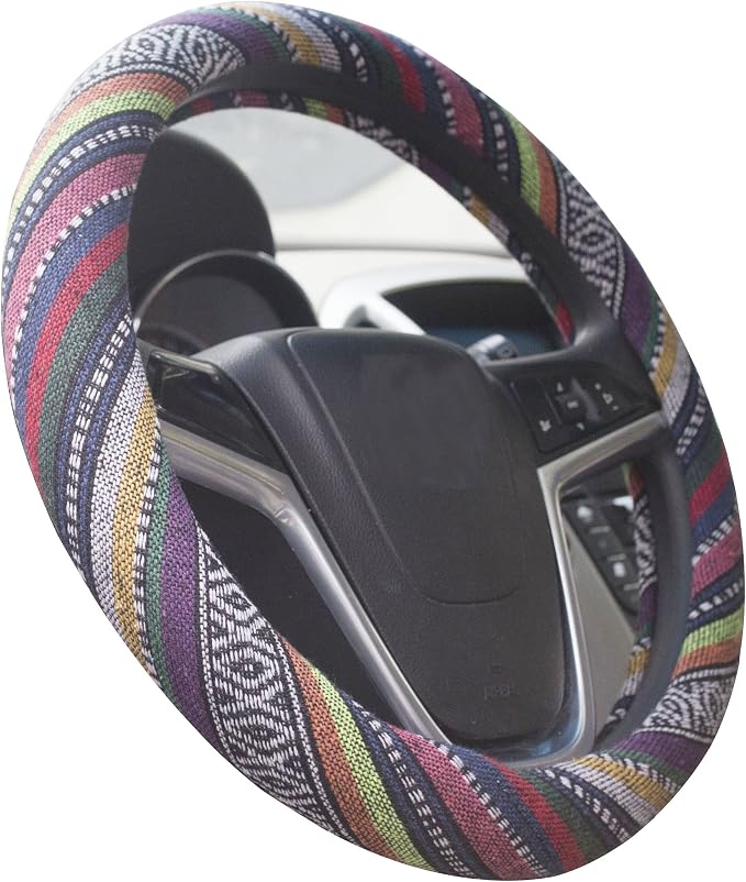 Small Ethnic Style Coarse Flax Cloth Automotive Steering Wheel Cover Anti Slip and Sweat Absorption Auto Car Wrap Cover (14''-14.25, B)
