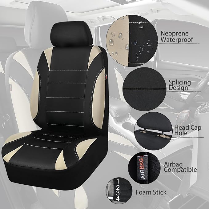 CAR PASS Neoprene EVA Waterproof car seat Covers Front Seats Only, Universal fit for SUV Vehicles Automotive with 5mm Composite EVA Inside,Airbag Compatible (Two Seats 6PCS, Black and Beige)