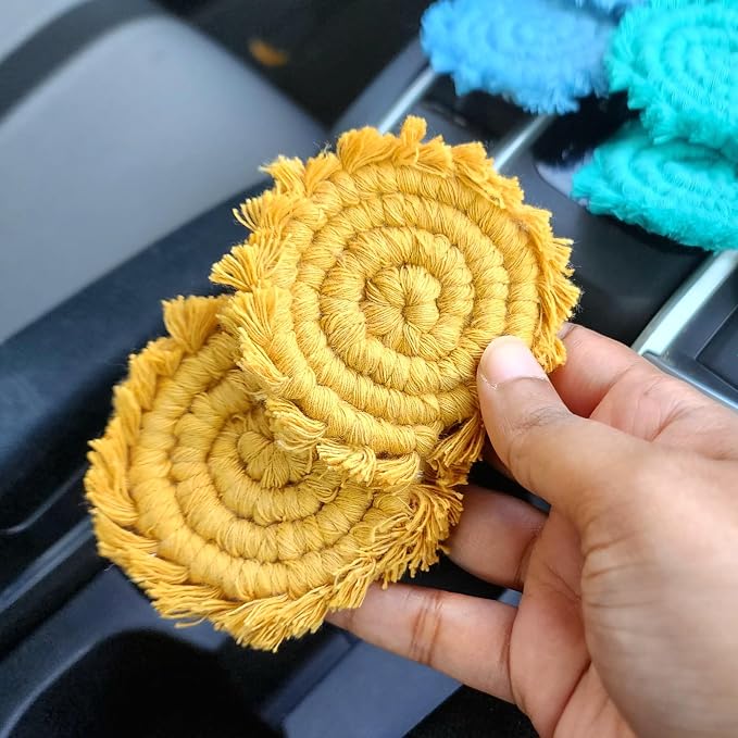 Cotton Car Coasters for Cup Holders, 2PC Car Cup Coasters, Drink Coaster Holder, Cute cupholder Coaster Accessories for Women, Macrame, Boho (Sunshine Yellow)