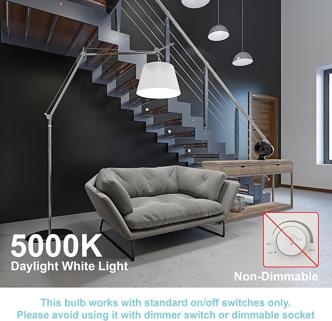 12 Pack A19 LED Light Bulbs, 60W Equivalent, Daylight Light 5000K LED Bulb with E26 Standard Base, Efficient 9W, Non-Dimmable, 800 Lumens, 120V, CRI 85, Eye-Friendly for Bedroom Living Room