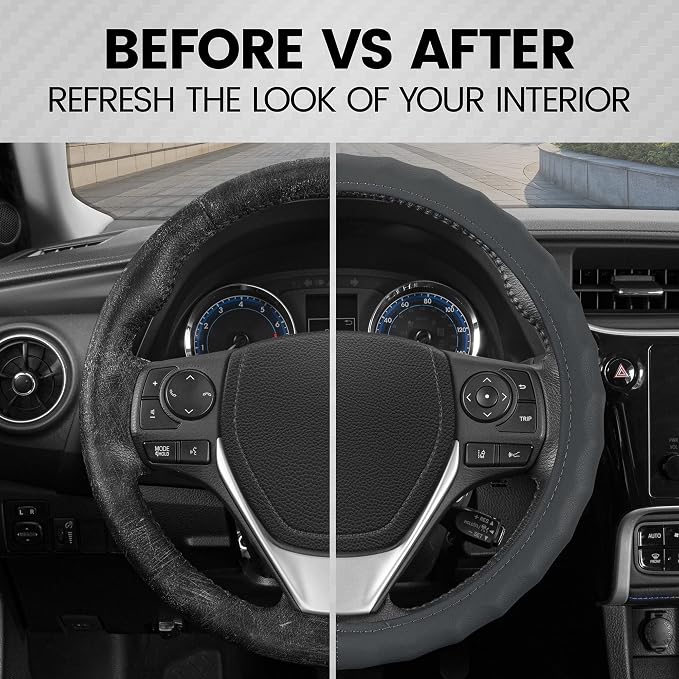 BDK Genuine Gray Leather Steering Wheel Cover for Car, Large 15.5-16 inch – Ergonomic Comfort Grip for Men & Women, Car Steering Wheel Cover for Vehicles with Large Steering Wheels