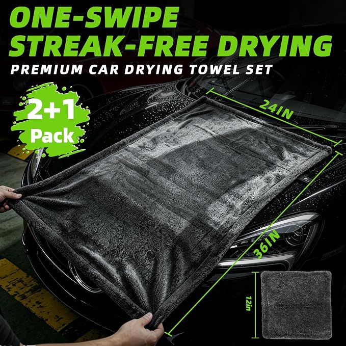 2+1 Pack Car Drying Towels – Microfiber Towels for Cars (36" x 24"), Ultra-Absorbent, Streak-Free, Scratch-Free, No Water Spots, Double-Twist Pile & Edgeless Design, Grey Green