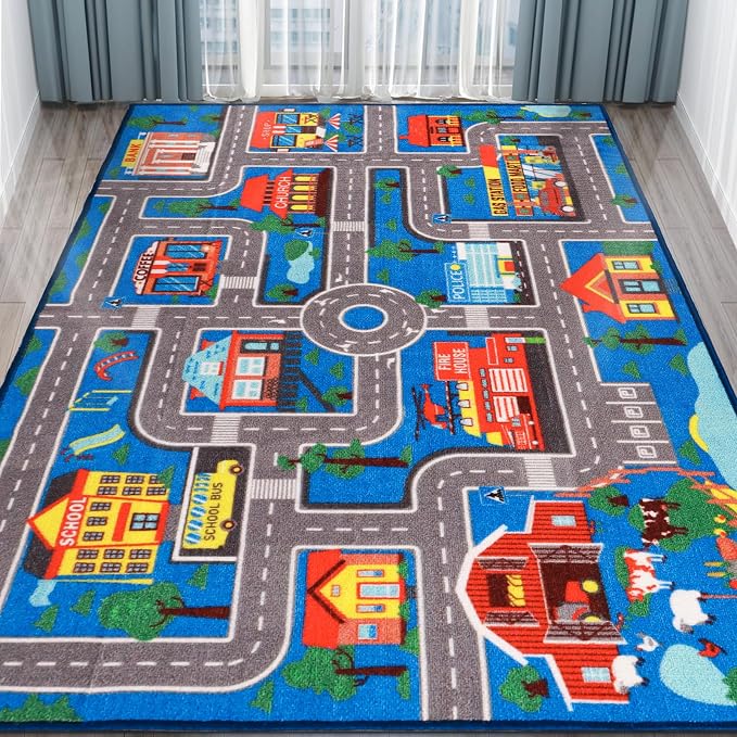 Kids Carpet Playmat Rug 110.2"x78.7", Car Rug for Kids Cars, Non-Slip Town City Road Map Kids Rugs for Playroom Bedroom Boys, Cars Play Mat Track Road Rugs for Kid (Blue, 110.2X78.7 INCH)
