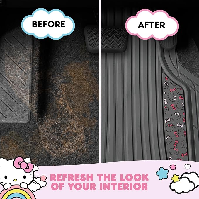 Hello Kitty Car Mats 4pc Floor Mats for Cars Trucks SUVs Grey Car Floor Mats for Women Men Accessories Rubber Heavy Duty Cute Non-Slip Always Front Rear Hello Kitty Cars Accessories Gray/Pink