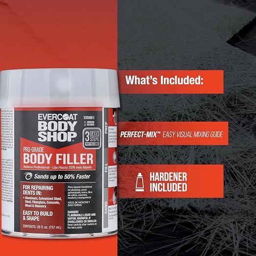 Evercoat Body Shop 105001 Pro-Grade Body Filler, Fast Drying and Lightweight Multipurpose for Dents in Aluminum, Fiberglass & More, Easy Mix Hardener Included 26 Fl Oz.