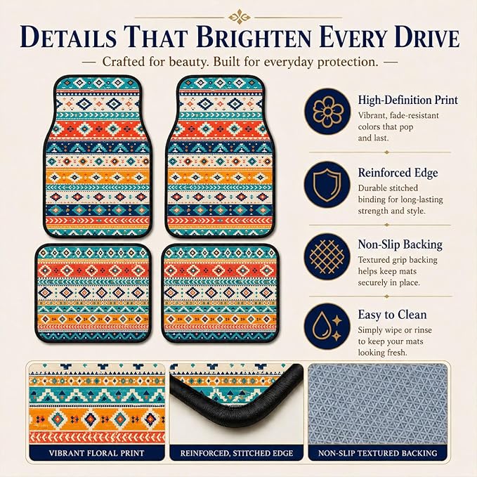 Stripe Car Floor Mats Set of 4 Southwest Tribal Geometric Car Accessories Foot Mats Rugs, Non-Slip,Decor for Universal Fit for Suvs Sedans Trucks Cars Auto Floor Carpets Rugs All-Weather