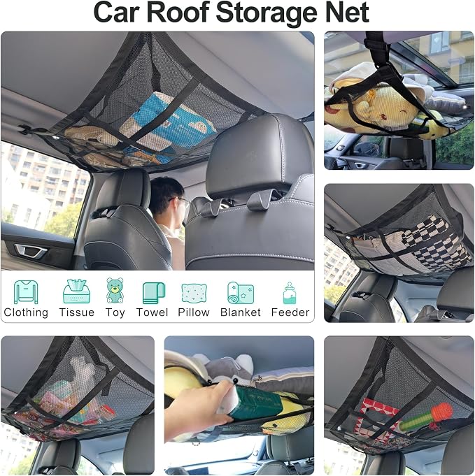 Car Ceiling Cargo Net Pocket, 31"x21" Nine Grid Mesh Nine SUV Roof Organizer Long Trip Storage Bag,Tent Putting Quilt Children's Toy Towel Sundries Interior Accessories