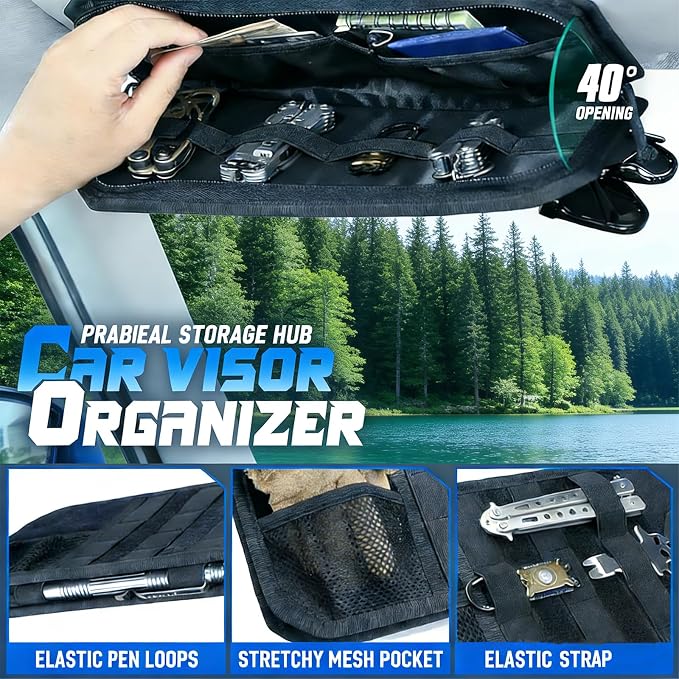 Molle Car Sun Visor Organizer,Car Accessories with Zipper Visor Storage Pouch&Glasses Clip&Adjustable Straps, Semi-Rigid Molle Panel for Tactical Gears, Fits Most Vehicles, SUVs (Khaki)