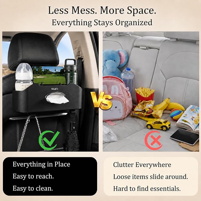 Mu&Ti Back Seat Car Organizer with Cup Holders Tissue Box Holder, Phone Stand and Hooks Multifunctional 4 in 1(Black)