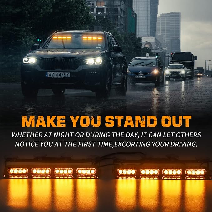 XRIDONSEN 2x 14 inch Amber Strobe Lights 32 LED Emergency Dash Lights | Interior Safety Warning Hazard Caution Front/Rear Windshield Light Bar w/ Controller for Construction Vehicles Trucks Car