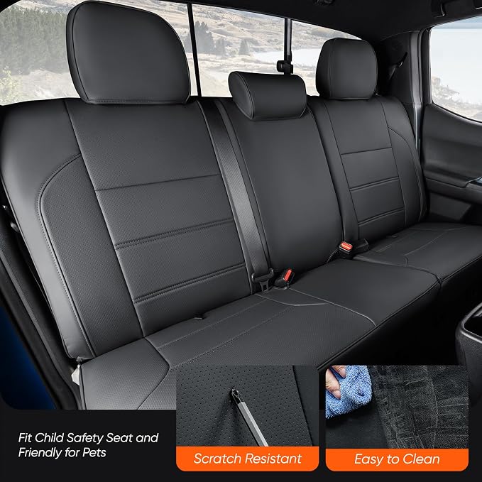 DrCarNow for Toyota Tacoma Seat Covers 2016 2017 2018 2019 2020 2021 2022 2023, Leather Seat Covers for Trucks Crew Cab & Double Cab Waterproof for 3rd Gen Tacoma Accessories 2016-2023 Full Set Black