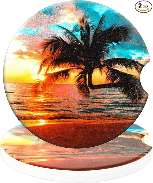 Jeffdad Car Cup Holder Coasters, 2 Pack Absorbent Ceramic Coaster 2.56" Universal Ceramic Stone & Non-Scratch Cork Base Coasters Auto Accessories for Women & Men(Ocean)