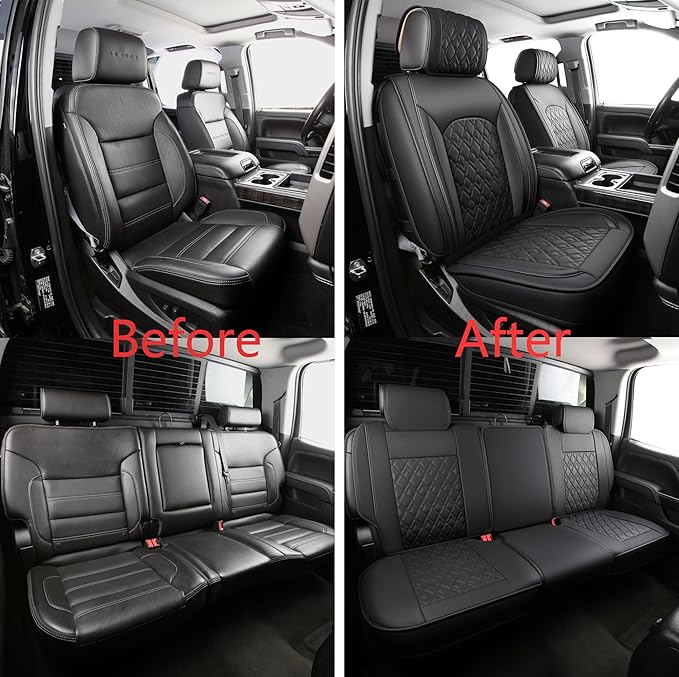 JOJOBAY Chevy Silverado Seat Covers,Leather Seat Covers for GMC Sierra,Custom Fit 2007-2026 1500 2500HD 3500HD Crew Double Extended Regular Cab,LT LZT RST Trail Boss(Full Set,Black)