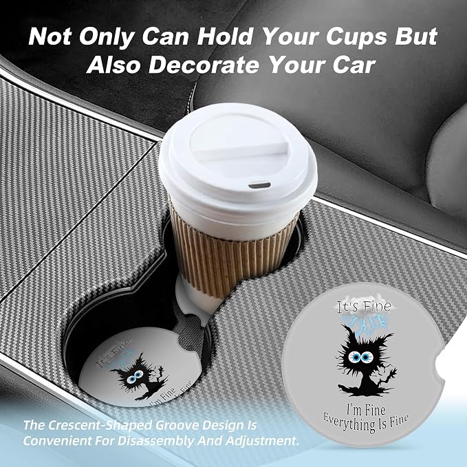 Lightning Black Cat Car Coasters for Cup Holders,2 Pack Car Cup Holder Coasters for Car,Ceramic Absorbent Car Coaster with A Finger Notch and Cork Base,Car Interior Accessories for Women Men