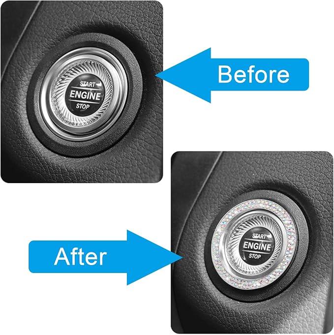 WINKA 2pcs Bling Car Engine Start Button Cover Diamond Crystal Push Start Stop Button Ring Sparkly Bling Ignition Button Cover Rhinestone Keyless Ignition Ring Universal Car Accessories (Colorful)