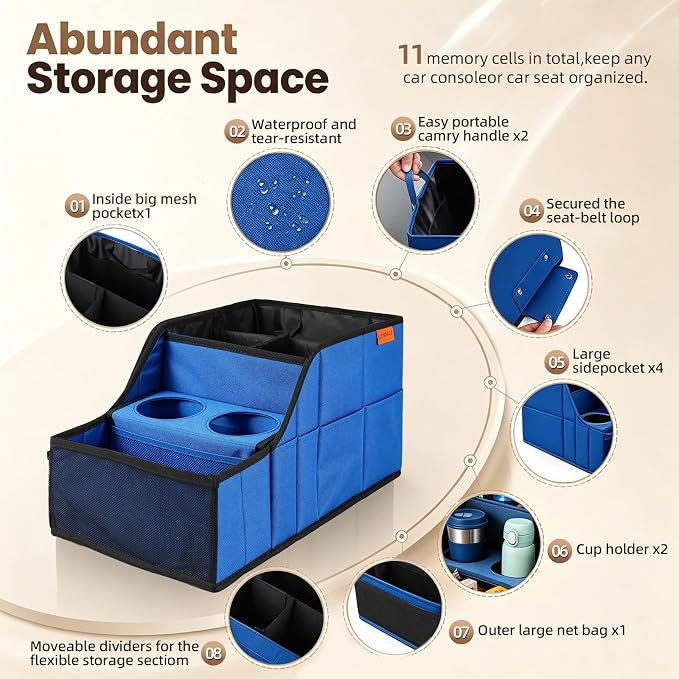 Car Seat Organizer Back Front Captains Seats Storage Travel | Car Organizer, Back Seat Car Organizer, Car Seat Organizer Front Seat – 9 Compartments, 2 Cup Holders – Foldable