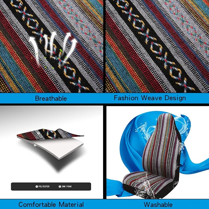 Baja Saddle Blanket Car Seat Covers 2PCS Front, Breathable and Washable Striped Woven Automotive Vehicle Seat Cover, Universal Seat Cover for Sedan, SUV, Truck, Airbag Compatible