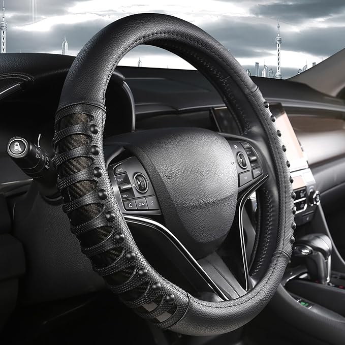 West Llama Microfiber Leather Car Steering Wheel Cover for Men Women,Universal Fit 15.5-16 inch(Leather Nails-Black-Large Size)