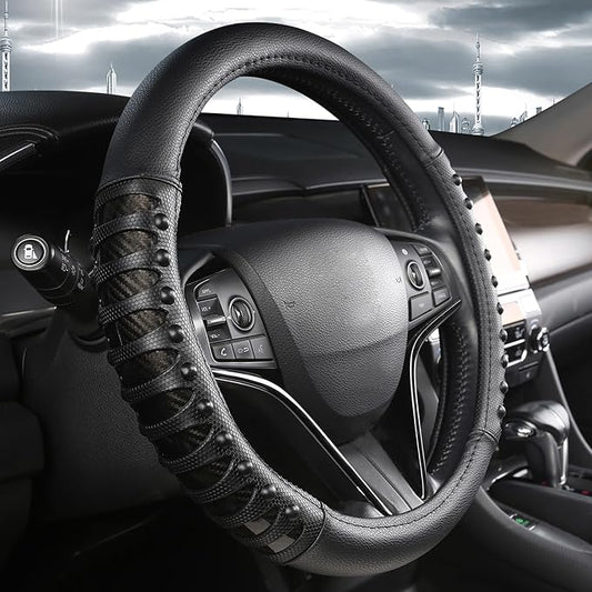 West Llama Microfiber Leather Car Steering Wheel Cover for Men Women,Universal Fit 15.5-16 inch(Leather Nails-Black-Large Size)