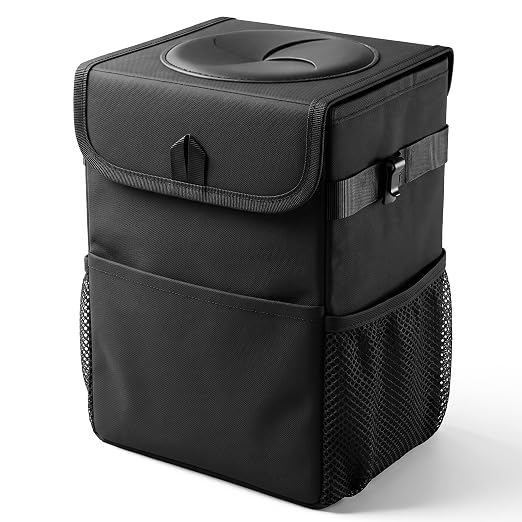 Car Trash Can with Lid, Leakproof Hanging Organizer for Car Back Seat | Waterproof Lining • Prevents Trash from Falling Out • Side Storage Pockets • Foldable Design • Fits Cars, SUVs & Trucks