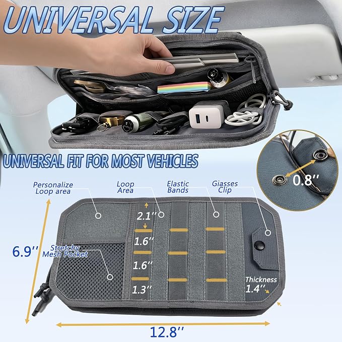 Car Sun Visor Organizer with 2 USA Flag Patches, 1000D Polyester, Large Capacity MOLLE Panel, Zipper Pocket, Fits SUVs, Trucks, Sedans, Police Gear & Overlanding (Gray)