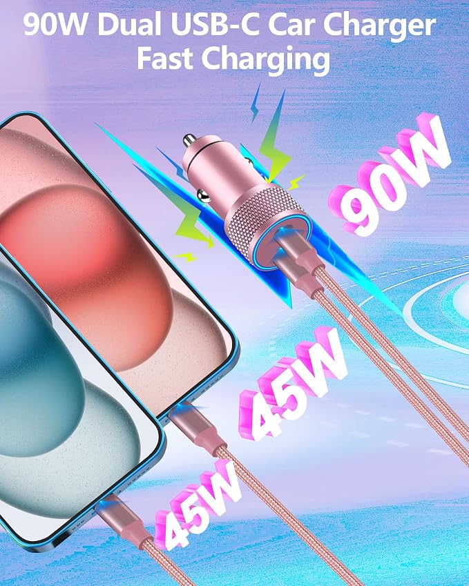 [Apple MFi Certified] iPhone 17 Car Charger, Linocell 90W Dual USB C Power Cigarette Lighter Car Carplay Charger with 2Pack Type C Braided Cable for iPhone 17/17 Pro Max/16 Pro/15/Galaxy S26/S25/Pixel