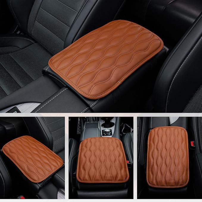 Amiss Car Center Console Cover, Upgraded Leather Car Armrest Cushion, Universal Waterproof Cushion Pad, Non-Slip Car Interior Accessories, Fits Most Sedans SUVs Trucks (Brown)
