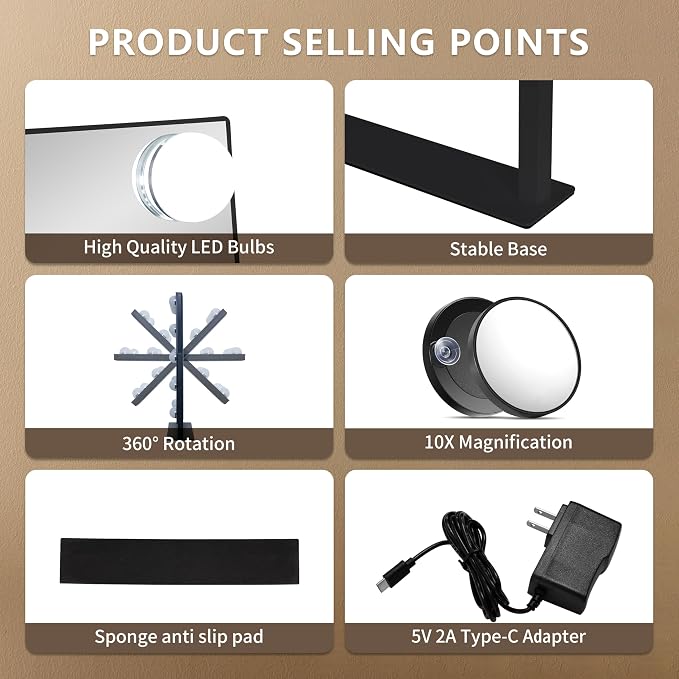 Vanity Mirror with Lights,Makeup Mirror with Lights,3 Color Lighting Modes Detachable 10X Magnification Mirror Touch Control,360°Rotation,White