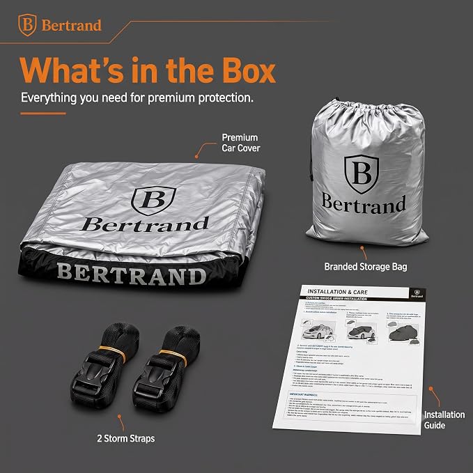BERTRAND Heavy Duty SUV Car Cover Waterproof All Weather - Snow, Rain & UV Outdoor Protection | Cotton-Lined, Up to 10-Point Anchoring + Zipper Access | Compact-Mid SUVs, Silver-Black (177x71, S1)