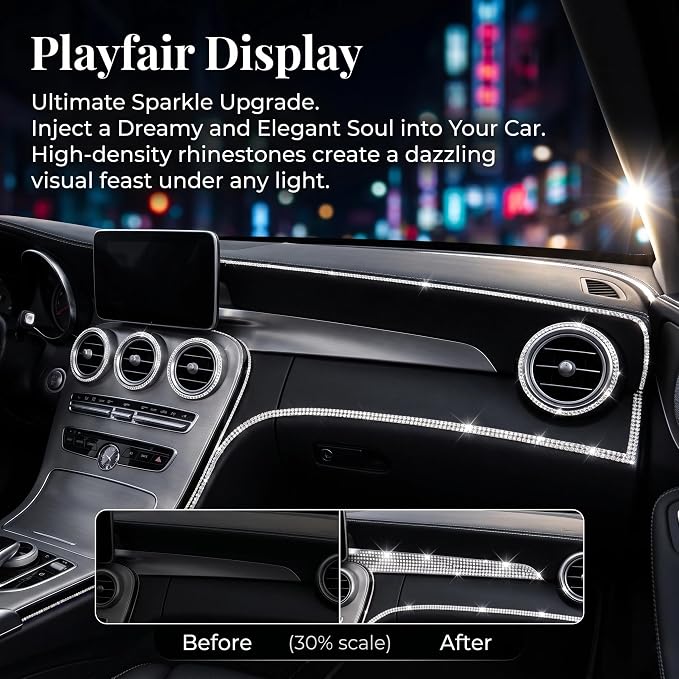 Bling Car Rhinestone Trim, 16.4Ft Self Adhesive Glitter Crystal Car Interior Accessories for Women, Auto Dashboard Line Molding Stickers, Diamond Ribbon Strips Decor for Most Car (White)