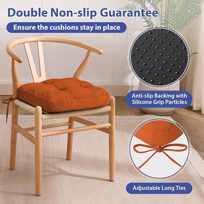 IASEAHK Chair Cushions for Dining Chairs, Dining Chair Cushions, Tufted Indoor Chair Pads with Ties & Non Slip Backing, Seat Cushions for Kitchen Chairs 16.5” x 16.5” x 3.5”, Set of 4, Orange