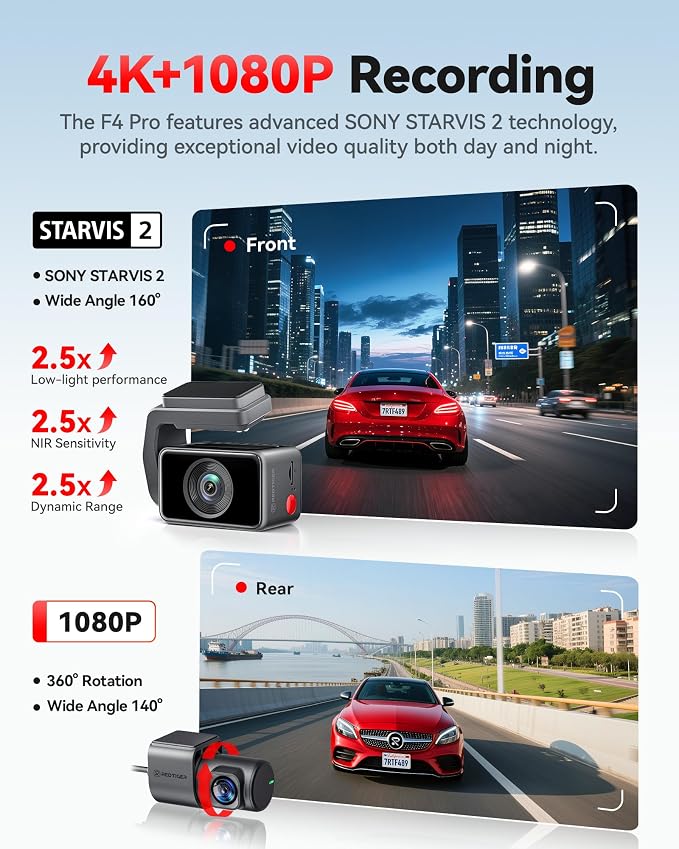 REDTIGER F4 Pro 4K STARVIS 2 Dash Cam, 5.8GHz WiFi 6 Transfer, 128GB Card | 2.2" Touch Screen, Voice Control, Mini Dash Cam Front and Rear with HDR Night Vision, Loop Recording, 24H Parking Mode